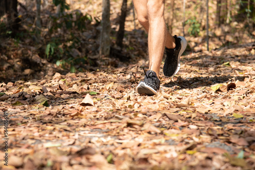 Closeup selective focus of feet runner jogging workout. Marathon runner sport shoes tying shoelace, exercising outdoors workout on forest dirt road. Athlete endurance trail running.