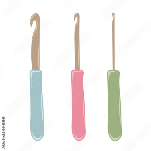 Set of Crochet hooks isolated on a white background. Female hobby. Hand drawn vector illustration of knitting supplies, hobby items, leisure time concept