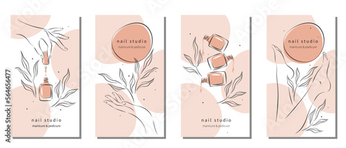 Set of design for nail studio for social media posts and stories, mobile apps. Nail polish, nail brush, manicured female hands and legs. Vector illustrations