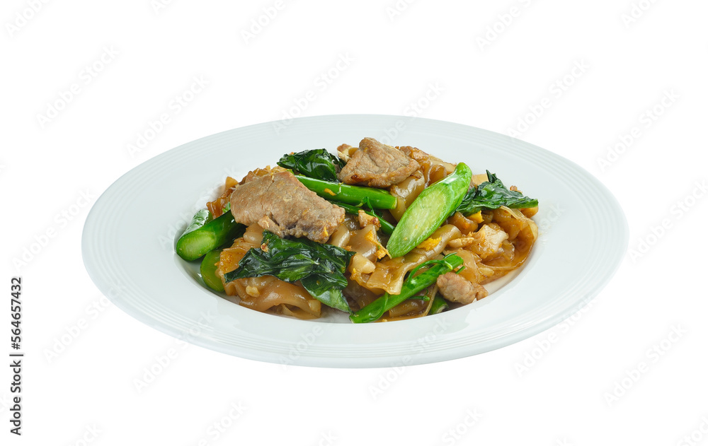 Stir-fried Noodles with pork and chinese broccoli on transparent png Stir-fried Noodles with pork and chinese broccoli on transparent png