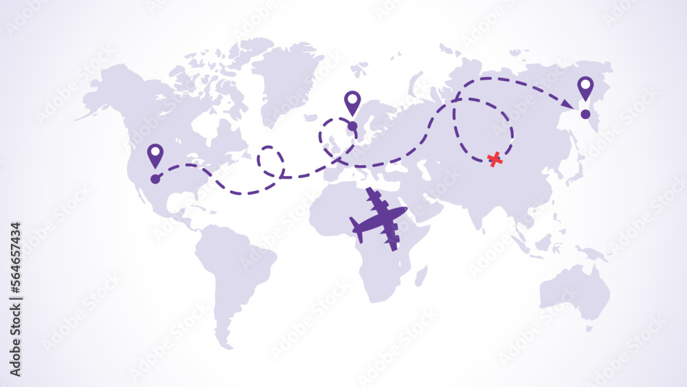 World travel map. Location. Path from point to point on aeroplane
