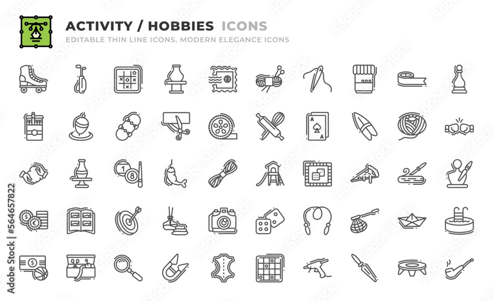 Set of 50 Activity and Hobbie icons. Thin line outline icons such as clay crafting, pottery, billiard, catch, yarn, playground, board game, pizza slice, wood carving, sculpt, coin collecting vector