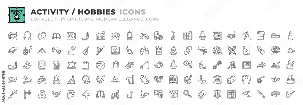 Set of 100 Activity and Hobbie icons. Thin line outline icons such as skateboard, cutting, reel, baking, playing cards, pastime, wool ball, resistant, clay crafting, pottery, billiard, catch vector