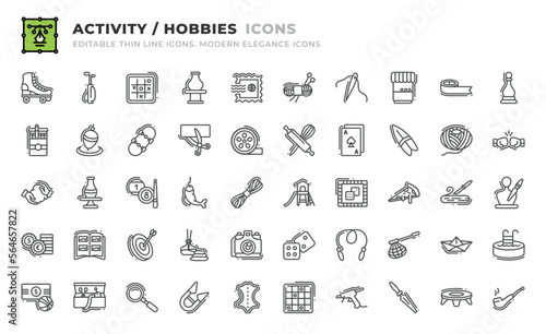 Set of 50 Activity and Hobbie icons. Thin line outline icons such as clay crafting, pottery, billiard, catch, yarn, playground, board game, pizza slice, wood carving, sculpt, coin collecting vector