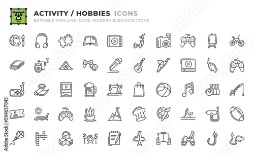 Set of 50 Activity and Hobbie icons. Thin line outline icons such as movies, lifestyle, camera, gamepad, art, bicycle, book, listen, camping tent, interests, microphone, guitar, origami, video vector