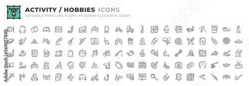 Set of 100 Activity and Hobbie icons. Thin line outline icons such as skateboard, cutting, reel, baking, playing cards, pastime, wool ball, resistant, clay crafting, pottery, billiard, catch vector