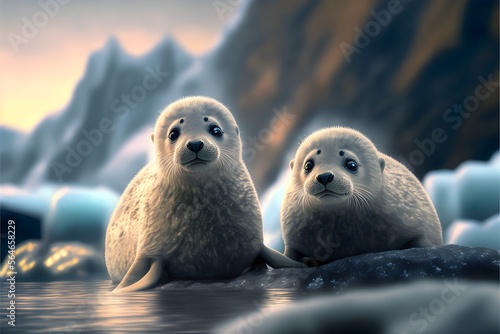 Beautiful and fluffy seal pups on a glacier. Generative AI. © unik