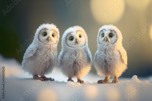 Little cute owl on the snow. Generative AI.