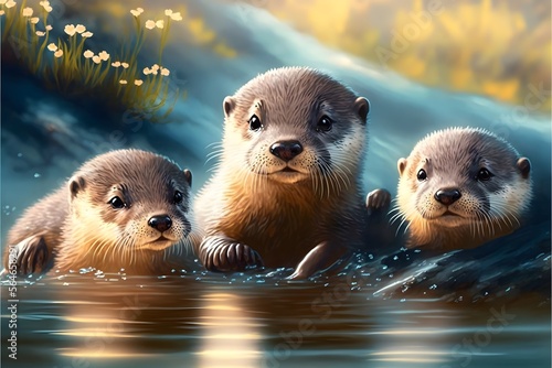 Cute baby otters swimming in a river. Generative AI.