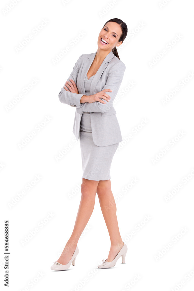 An attractive young businesswoman standing with her one leg forward posing in formal wear looking at the camera isolated on a PNG background.. An attractive young businesswoman standing with her one leg forward posing in formal wear looking at the camera isolated on a PNG background..