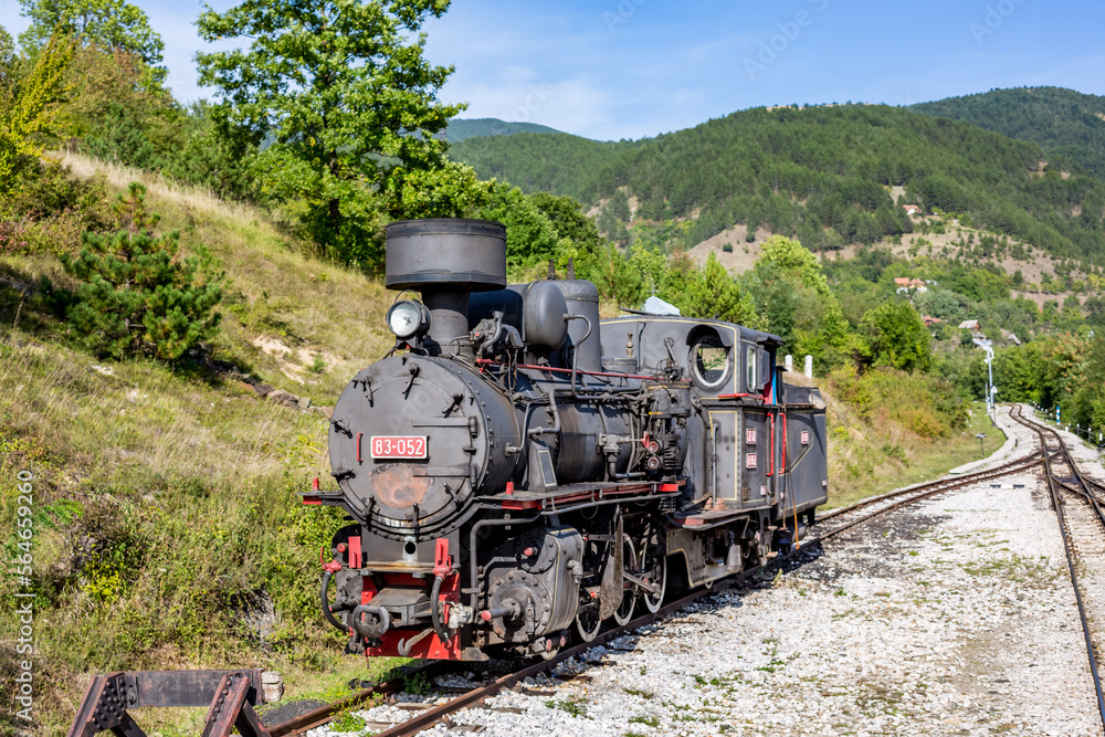 Beautiful old steam locomotive on the railroad, Western Serbia, Europe