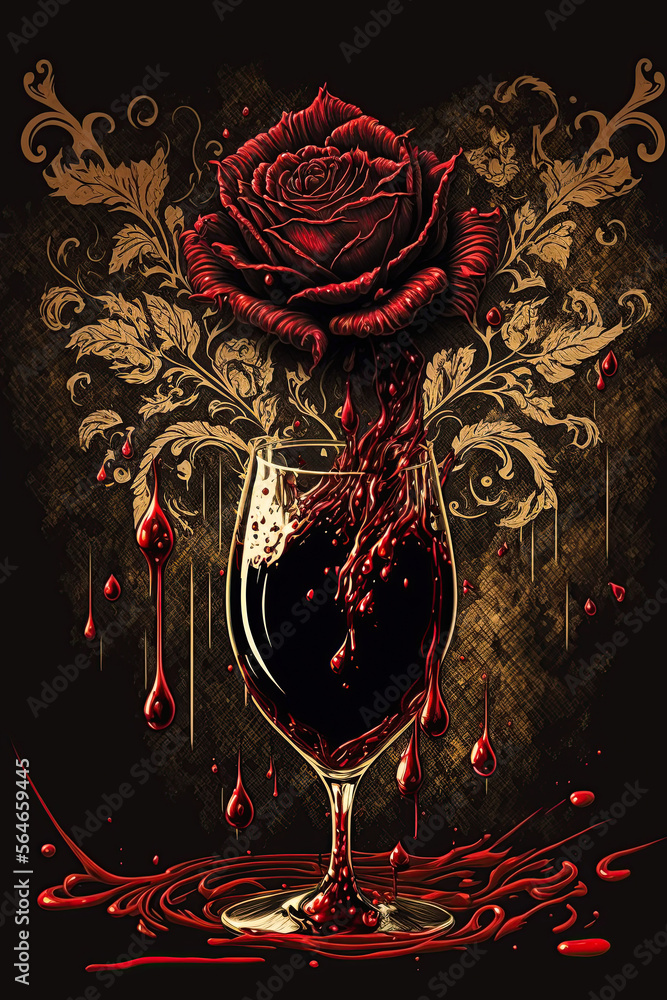 Red wine in glass with rose flower. Dripping and splashing liquid. Abstract, bloody Valentine concept. Wall art poster design. Ai generative - obrazy, fototapety, plakaty 