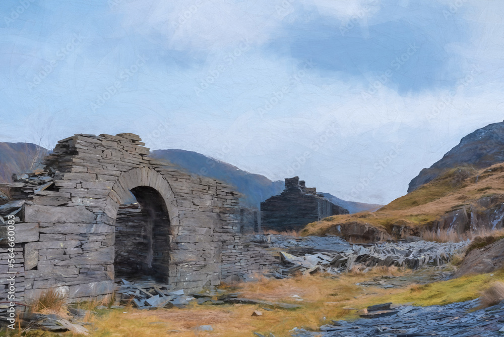 Digital painting of Cwmorthin Terrace and Rhosydd Slate Quarry, Blaenau Ffestiniog