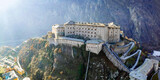 Italy .Famous medieval castles of valle d'Aosta - impressive Bard fort surrounded by Alps mountains. aerial drone view