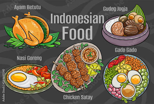Indonesian food. A set of classic dishes. Cartoon hand drawn illustration.