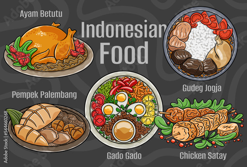 Indonesian food. A set of classic dishes. Cartoon hand drawn illustration.