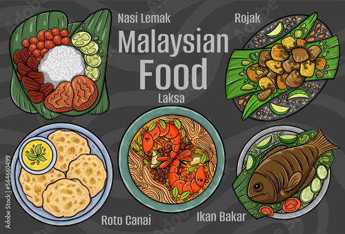 Malaysian food. A set of classic dishes. Cartoon hand drawn illustration.