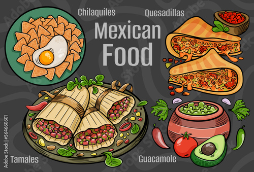 Mexican food. A set of classic dishes. Cartoon hand drawn illustration.