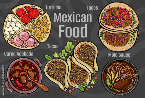 Mexican food. A set of classic dishes. Cartoon hand drawn illustration.