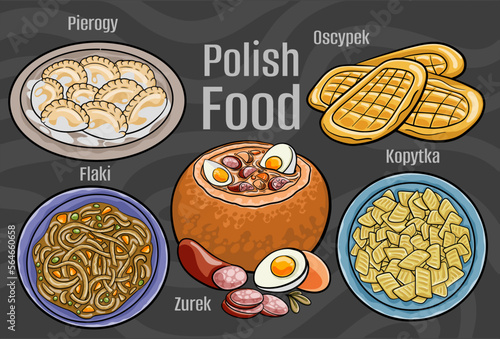 Polish food. A set of classic dishes. Cartoon hand drawn illustration.