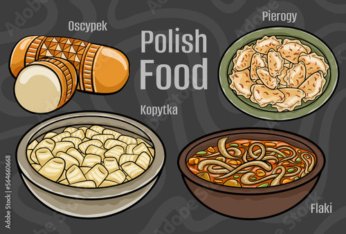 Polish food. A set of classic dishes. Cartoon hand drawn illustration.