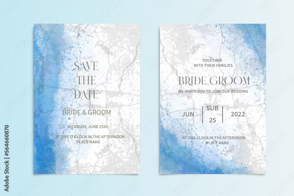 Wedding frame Invitation cards blue design collection in watercolor style. Watercolor texture background, brochure, invitation template.
