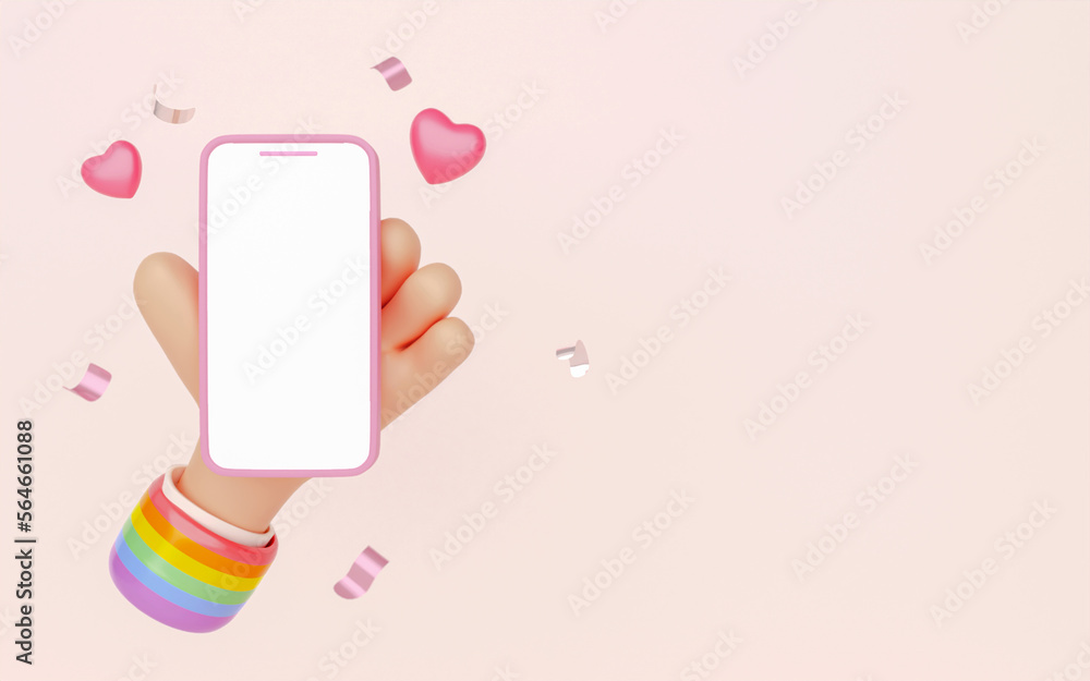 3D Hand holding mobile phone with empty screen. Cartoon smartphone on pink background with copy space. Phone device Mockup. Marketing time banner template. 3D Rendering Illustration. LGBT Pride Month 3D Hand holding mobile phone with empty screen. Cartoon smartphone on pink background with copy space. Phone device Mockup. Marketing time banner template. 3D Rendering Illustration. LGBT Pride Month