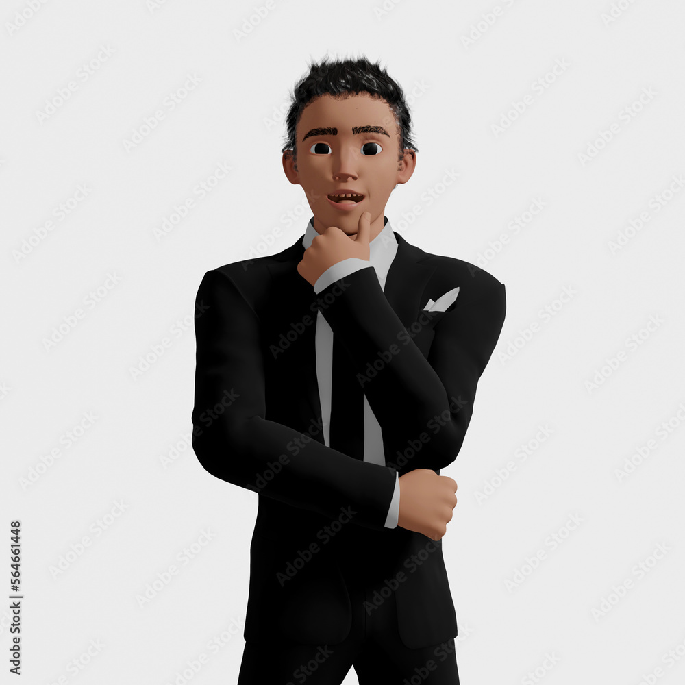 3d render. Cartoon character cute young man isolated on white background. Serious guy thinking pose. Caucasian male suit. Problem and doubt concept 3d render. Cartoon character cute young man isolated on white background. Serious guy thinking pose. Caucasian male suit. Problem and doubt concept