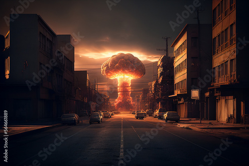 Nuclear bomb explosion in city. Destruction of life by atomic energy. World war conflict. Created with generative AI