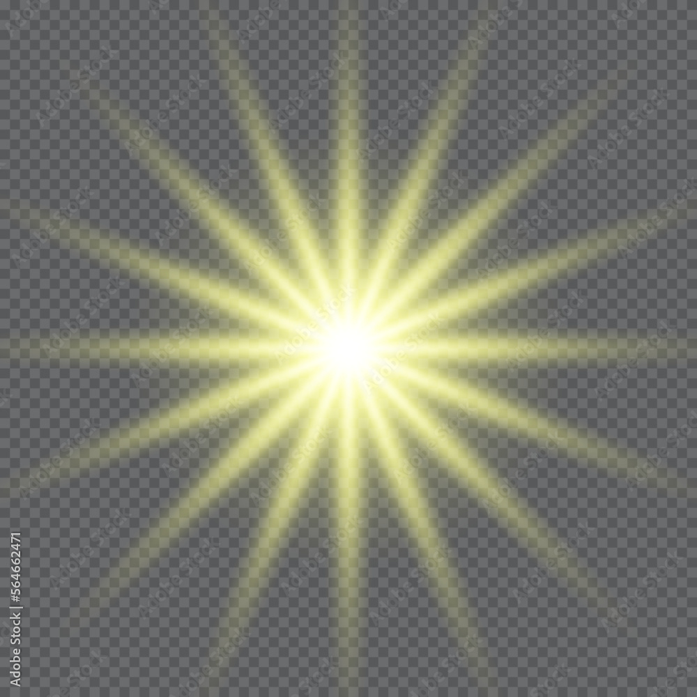 Fototapeta premium Gold glowing star. Realistic sun rays. Yellow sun ray glow abstract shine light effect. Yellow energy flash. Special lens flare light effect. Vector illustration