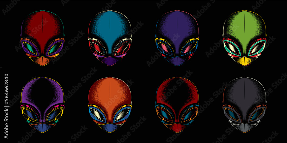 Original vector collection in vintage style. Neon illustration of an alien's head in retro style. Design elements