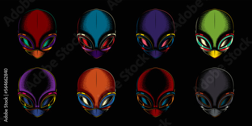 Original vector collection in vintage style. Neon illustration of an alien's head in retro style. Design elements