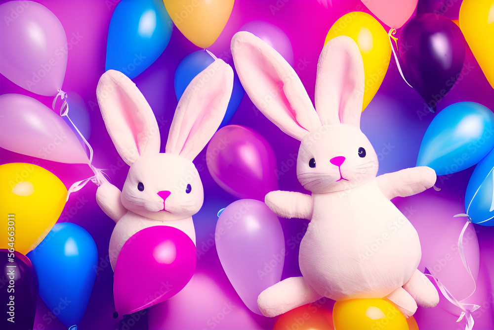 Teddy bunnies lying in balloons, card background, pastel colors, valentine's day, card, generative ai Teddy bunnies lying in balloons, card background, pastel colors, valentine's day, card, generative ai