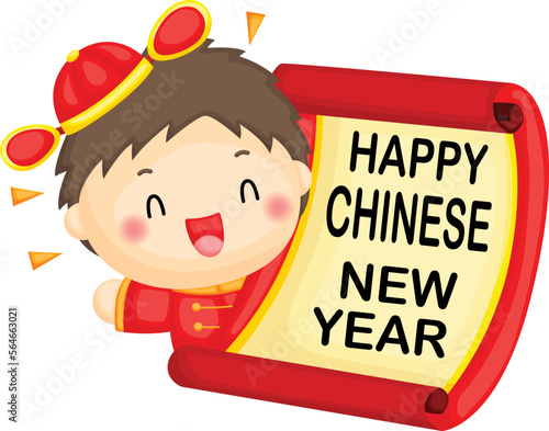 a vector of  image of a boy holding a big new year bannered Artwork photo