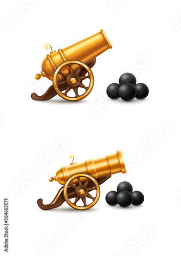 Set of golden cannons with cannon balls