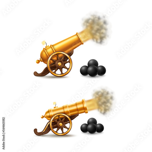 Set of golden cannons with fire and cannon balls