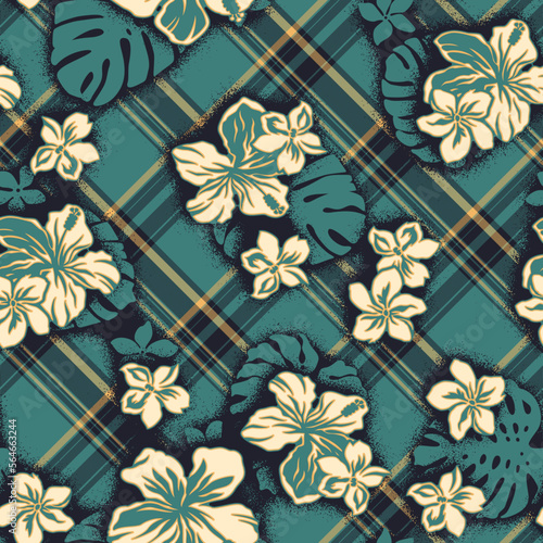 Hibiscus and leaves with tartan plaid background abstract vector seamless pattern