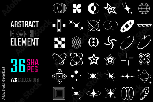 Retro futuristic elements for design. Big collection of abstract graphic geometric symbols and objects in y2k style. Templates for tshrit design, posters, banners, stickers, logo. Vector EPS photo