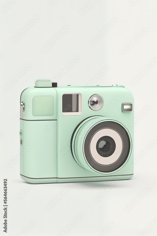 Green Instax camera over isolated background. Retro vintage style. Vertical image. Generative AI Illustration