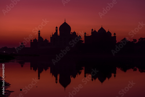 Taj Mahal Sunrise Reflection in River with Red Sky, Agra, India