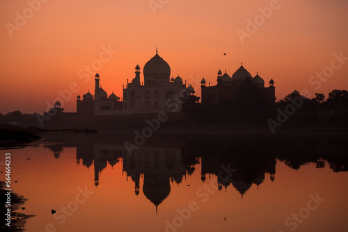 Taj Mahal Sunrise Reflection in River with Golden Sky  Agra  India