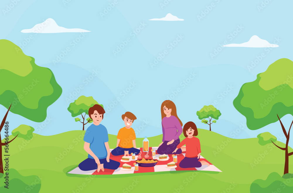 Father,Mother,daughter and son sitting on mat together,in a park,picnic time,