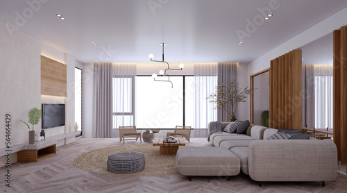 3d rendering,3d illustration, Interior Scene and  Mockup,modern style living room decorated with wood in gray and white.
