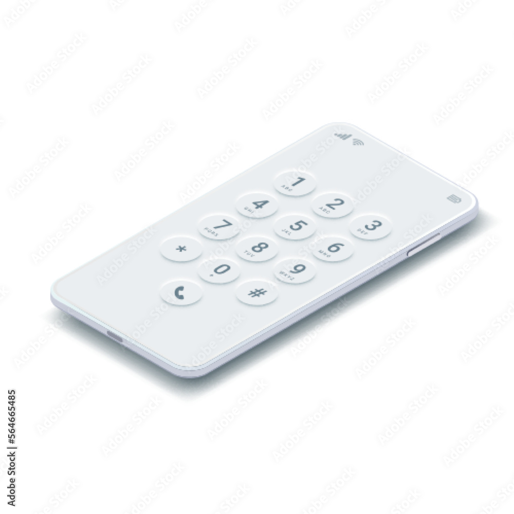 White isometric smartphone mock up. Dial screen on phone. Realistic mobile screen keypad with numbers and letter template. Vector 3D touchscreen device keypad white interface mockup White isometric smartphone mock up. Dial screen on phone. Realistic mobile screen keypad with numbers and letter template. Vector 3D touchscreen device keypad white interface mockup