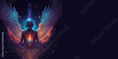 Angel meditating, universal and mystical love of a meditating angel. Concept. Copy space. Spirituality, esoteric, universe, cosmos, fantasy. Generative AI.