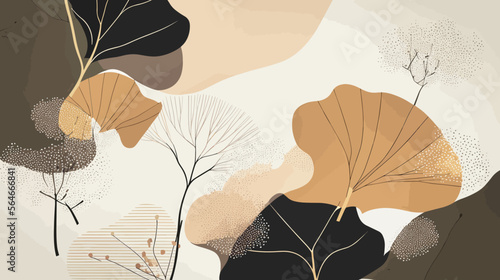 A Muted Wallpaper Background With Ginkgo Leaves And Shapes. Vector Illustration