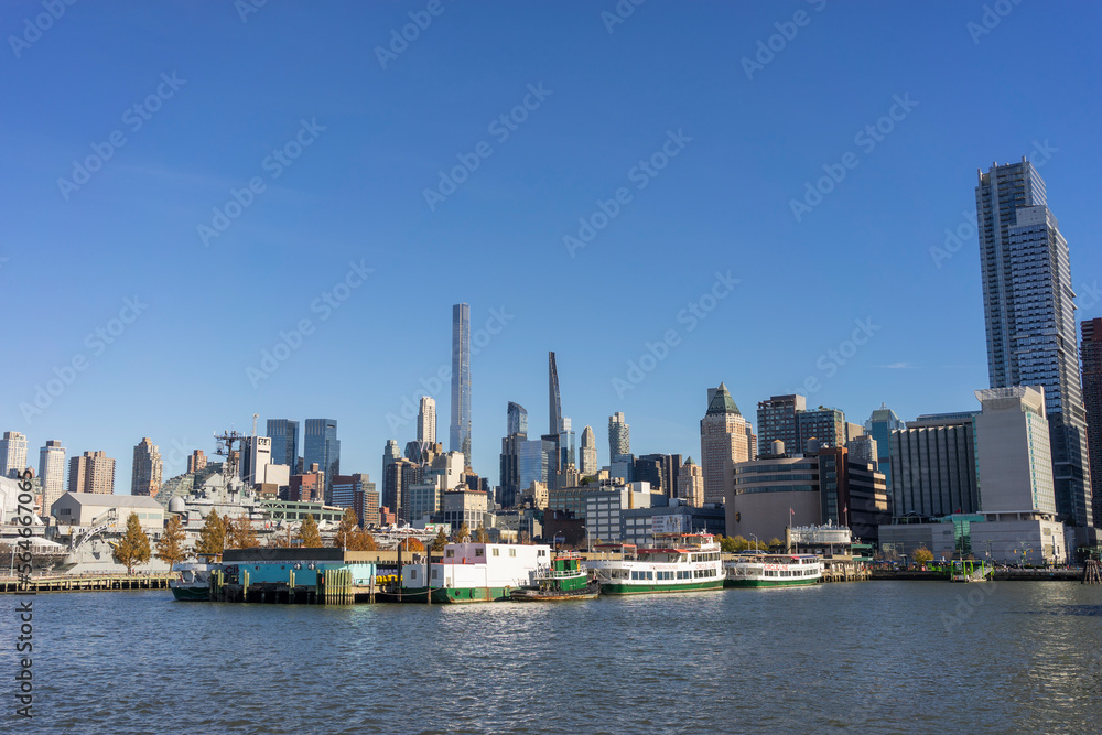 view of Manhattan skyline from Hudson river,New York