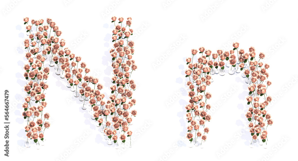 Concept or conceptual set of beautiful blooming pink roses bouquets forming the font N. 3d illustration metaphor for education, design and decoration, romance and love, nature, spring or summer. Concept or conceptual set of beautiful blooming pink roses bouquets forming the font N. 3d illustration metaphor for education, design and decoration, romance and love, nature, spring or summer.