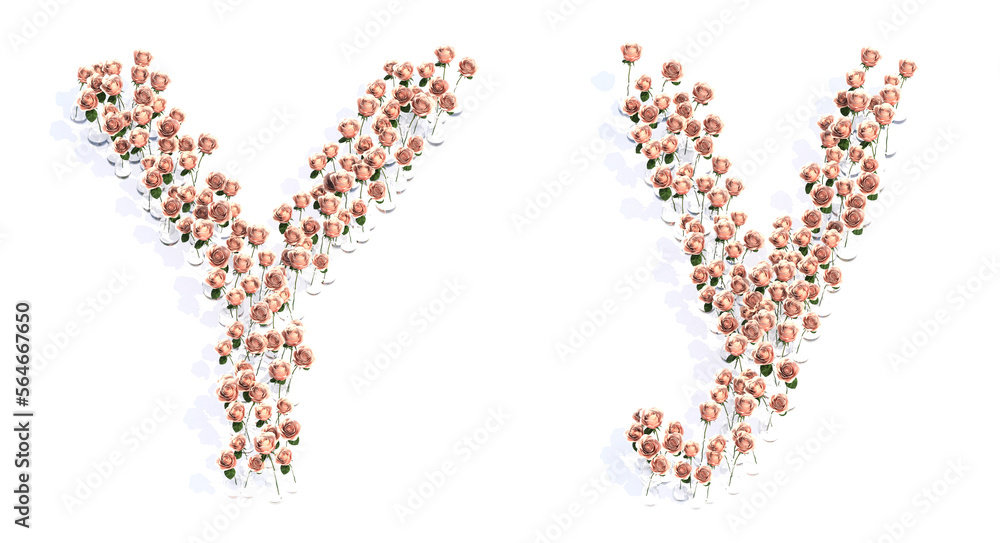 Concept or conceptual set of beautiful blooming pink roses bouquets forming the font Y. 3d illustration metaphor for education, design and decoration, romance and love, nature, spring or summer. Concept or conceptual set of beautiful blooming pink roses bouquets forming the font Y. 3d illustration metaphor for education, design and decoration, romance and love, nature, spring or summer.
