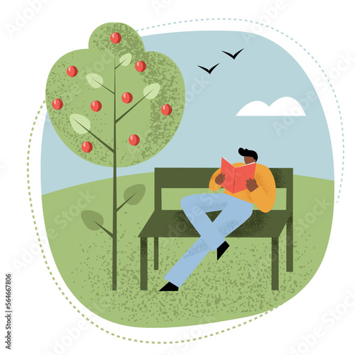 Man is sitting on the bench in the park and reading a book scenery, having a break, enjoying nature. Isolated vector illustration in flat style